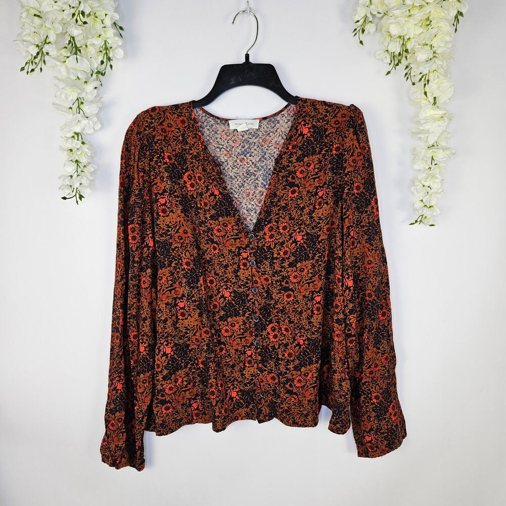 Treasure & Bond Floral Button Front Fall Dobby Blouse Rust Long Sleeve Boho XL